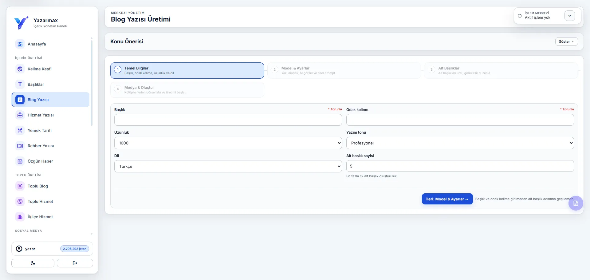 Blog Yazısı Üretimi panel ekranı