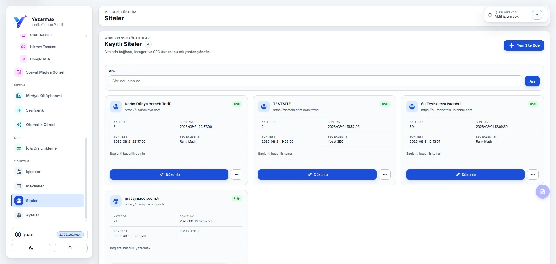 Bağlı Siteler panel ekranı